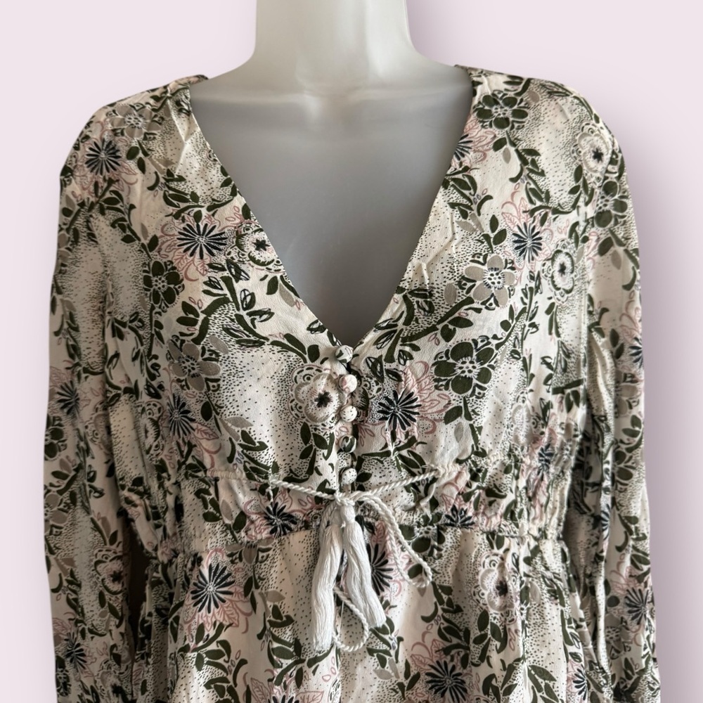 Free People Floral Boho Plunge Blouse White Pink Green Size S - Picture 5 of 6